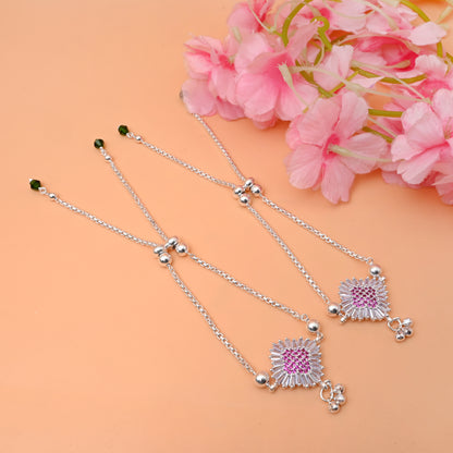 Sterling Silver Anklet with Pink Stones and Floral Engraving – Elegant & Lightweight.