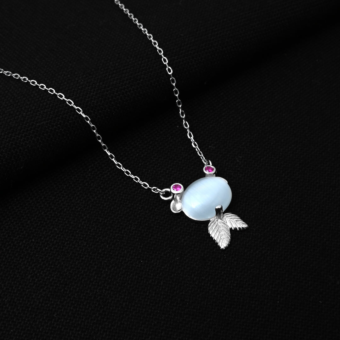 Sterling Silver Necklace with Stunning Light Blue Center Stone & Pink Detail Pendant.