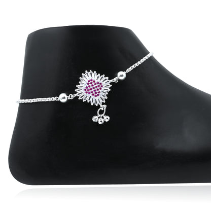 Sterling Silver Anklet with Pink Stones and Floral Engraving – Elegant & Lightweight.