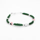 Silver bracelet featuring a pink evil eye charm with silver and green beads, designed for girls.