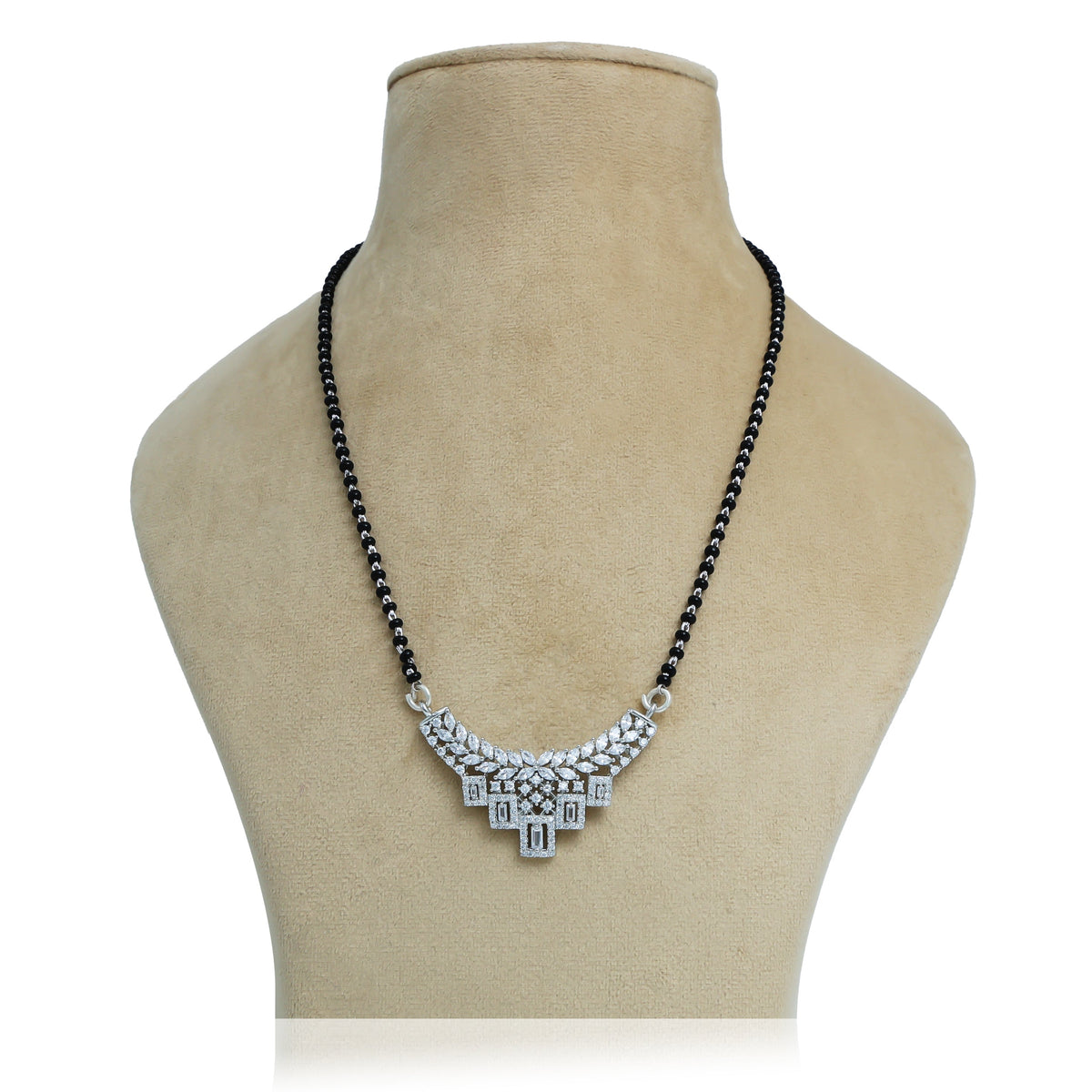 Elegant silver mangalsutra with floral design and black beads