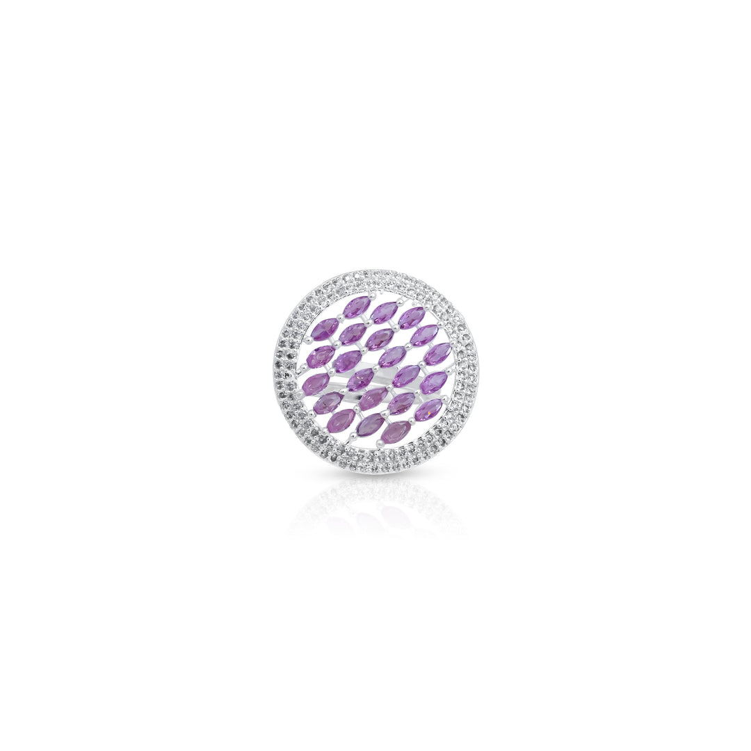 Elegant silver ring with a rounded design and light pink stones, perfect for girls.