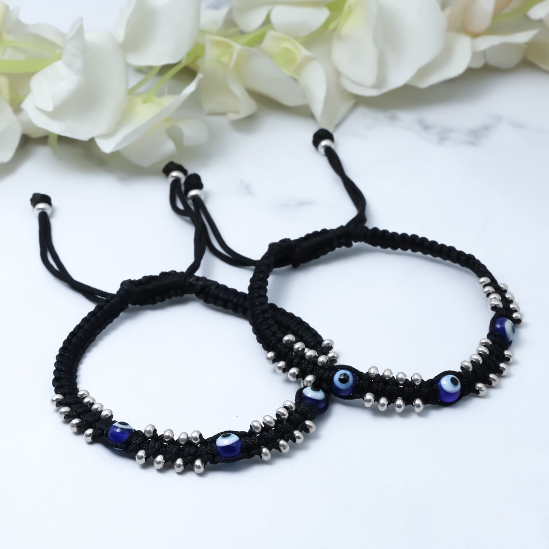 Minimal Thread Anklet with Silver Buds and Evil Eye Charm