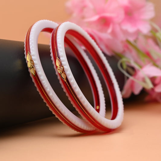 Gold Small Swastika Design light and Dark Red Bangle.