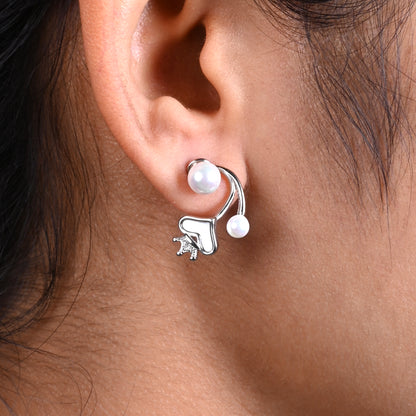 Royal Heart and Crown Silver Earrings with White Moti.