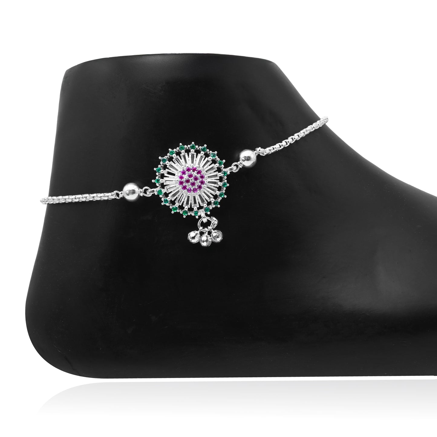 Lightweight Silver Anklet with Pink Stones, Green Stone Border & Floral Engraving.