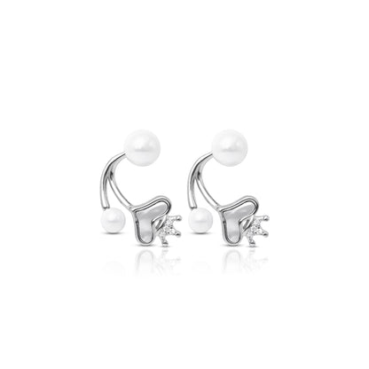 Royal Heart and Crown Silver Earrings with White Moti.