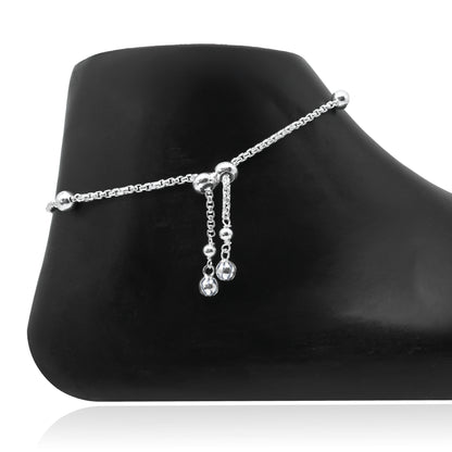 Lightweight Silver Anklet with Pink Stones, Green Stone Border & Floral Engraving.