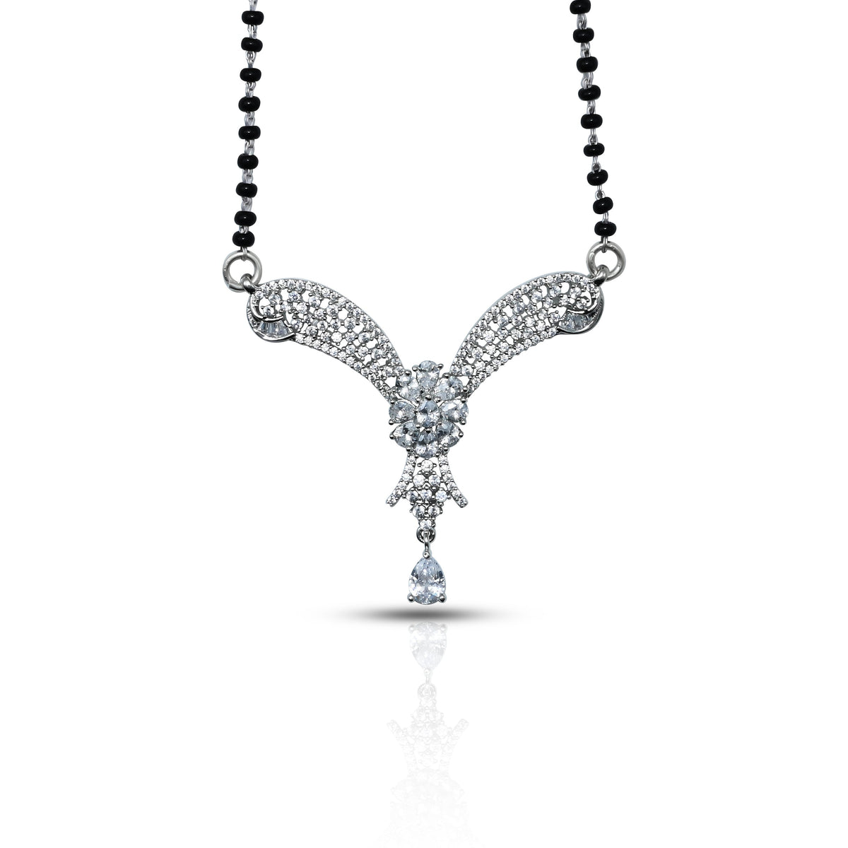 Black beaded floral sterling silver necklace