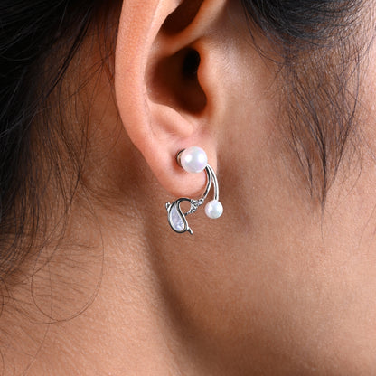 Cute Dolphin Silver Earrings with White Moti Accent.