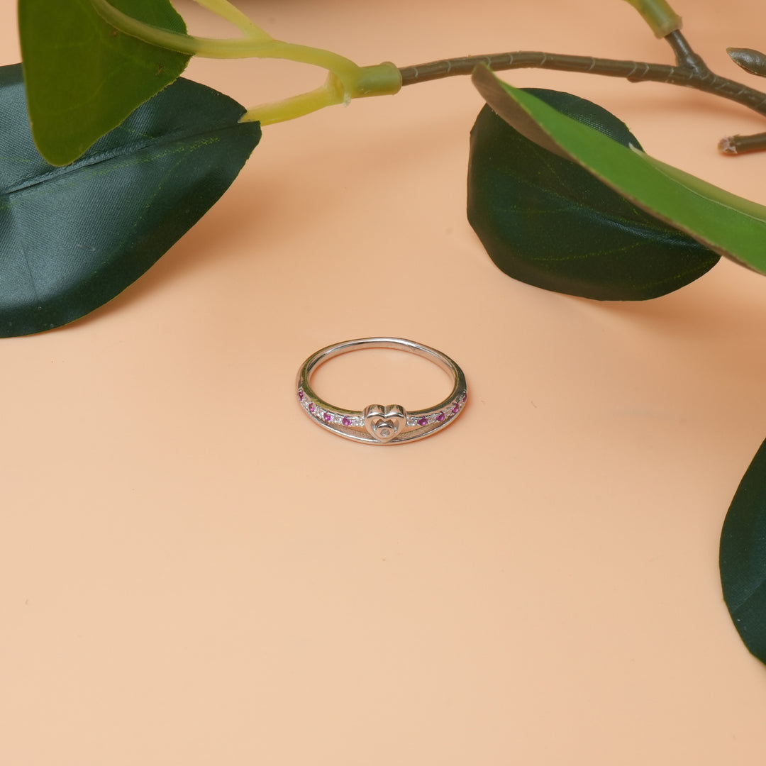 Silver Heart Ring with Pink Gemstones