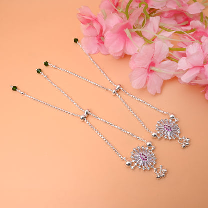 Lightweight Silver Anklet with Pink Stones, White Stone Border & Flower Engraving.