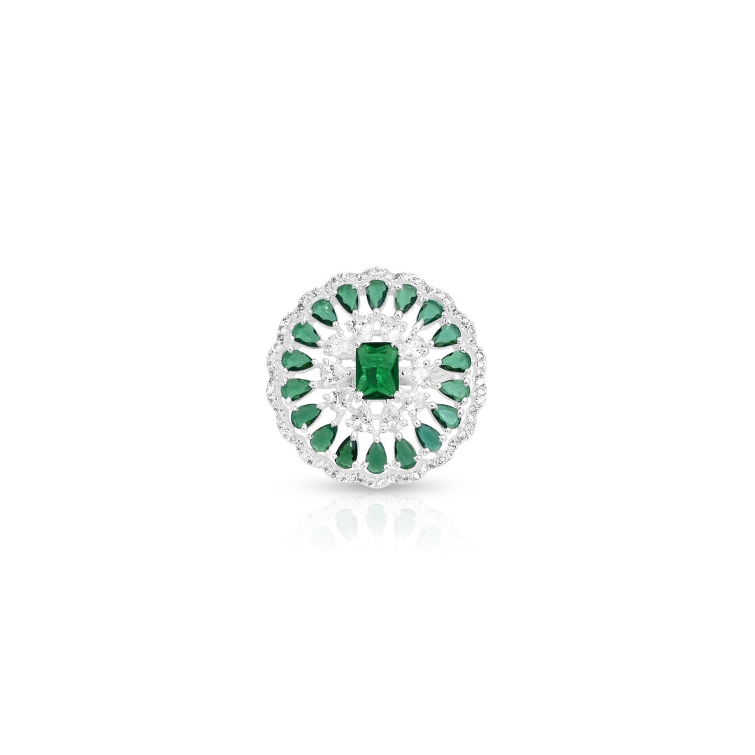 Charming silver ring for women with intricate green stones and a bold center gem.