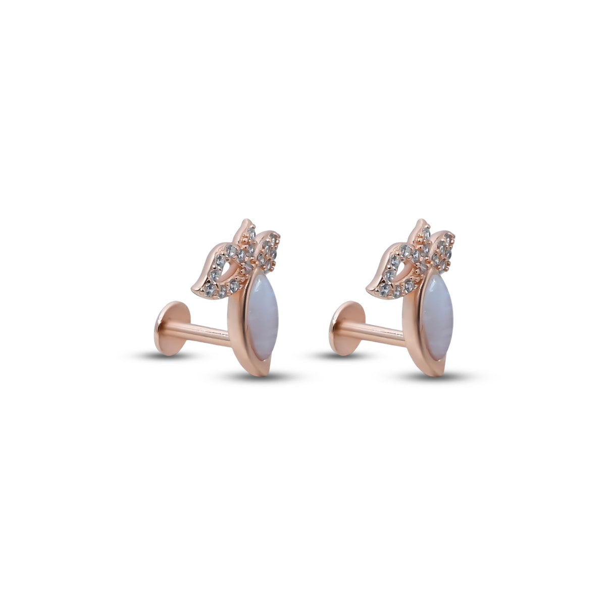 Stylish silver earrings with a rose gold finish, adorned with pearls