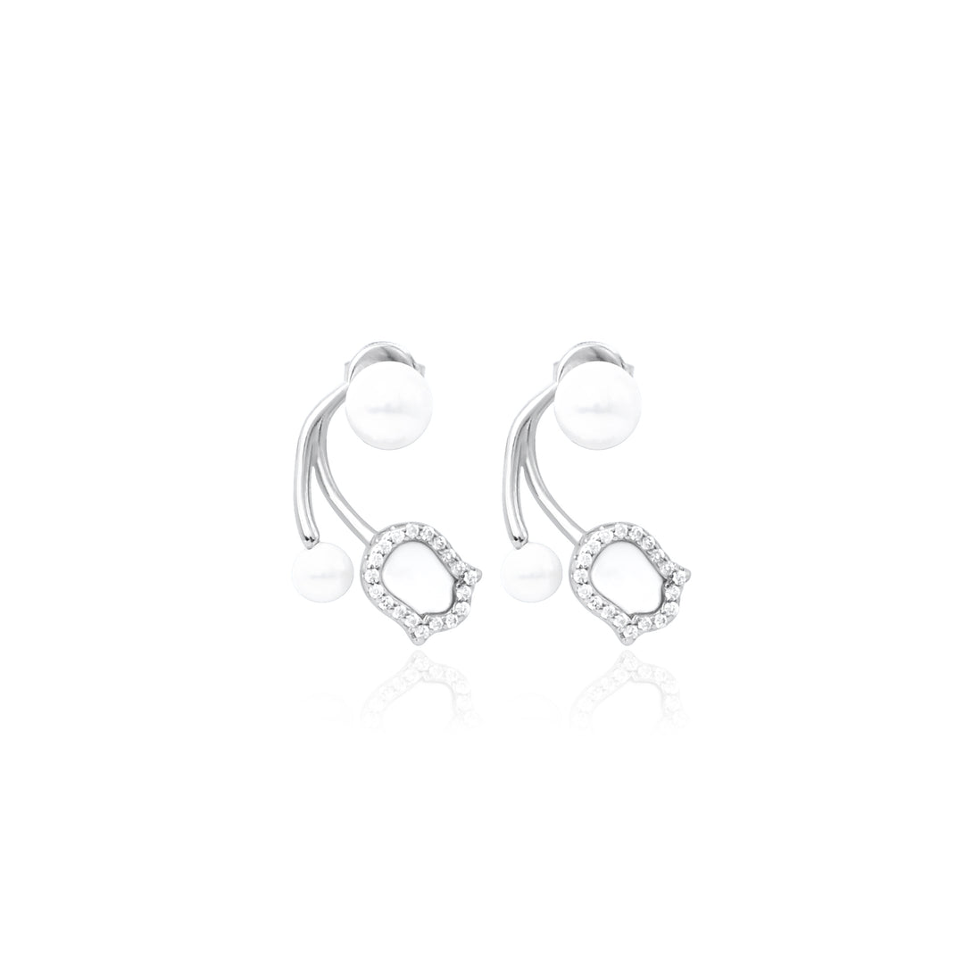 Stylish Silver Earrings with White Moti and Floral Accent.