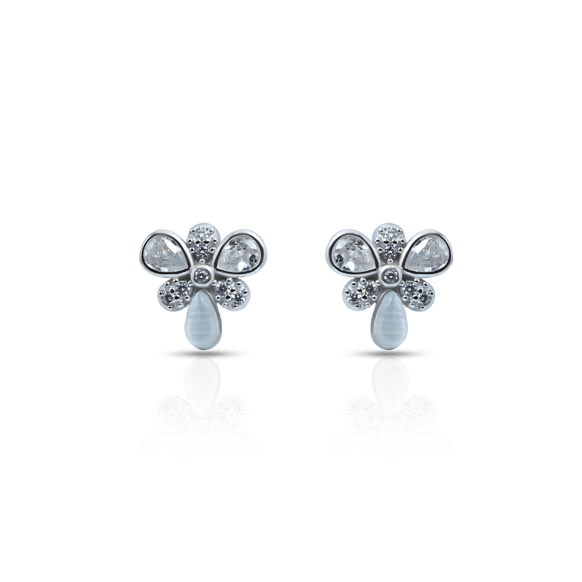 Sterling silver earrings featuring a flower design with opal and stones