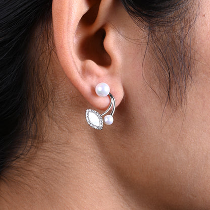 Silver Earrings with Eye Shape and Beautiful White Moti.
