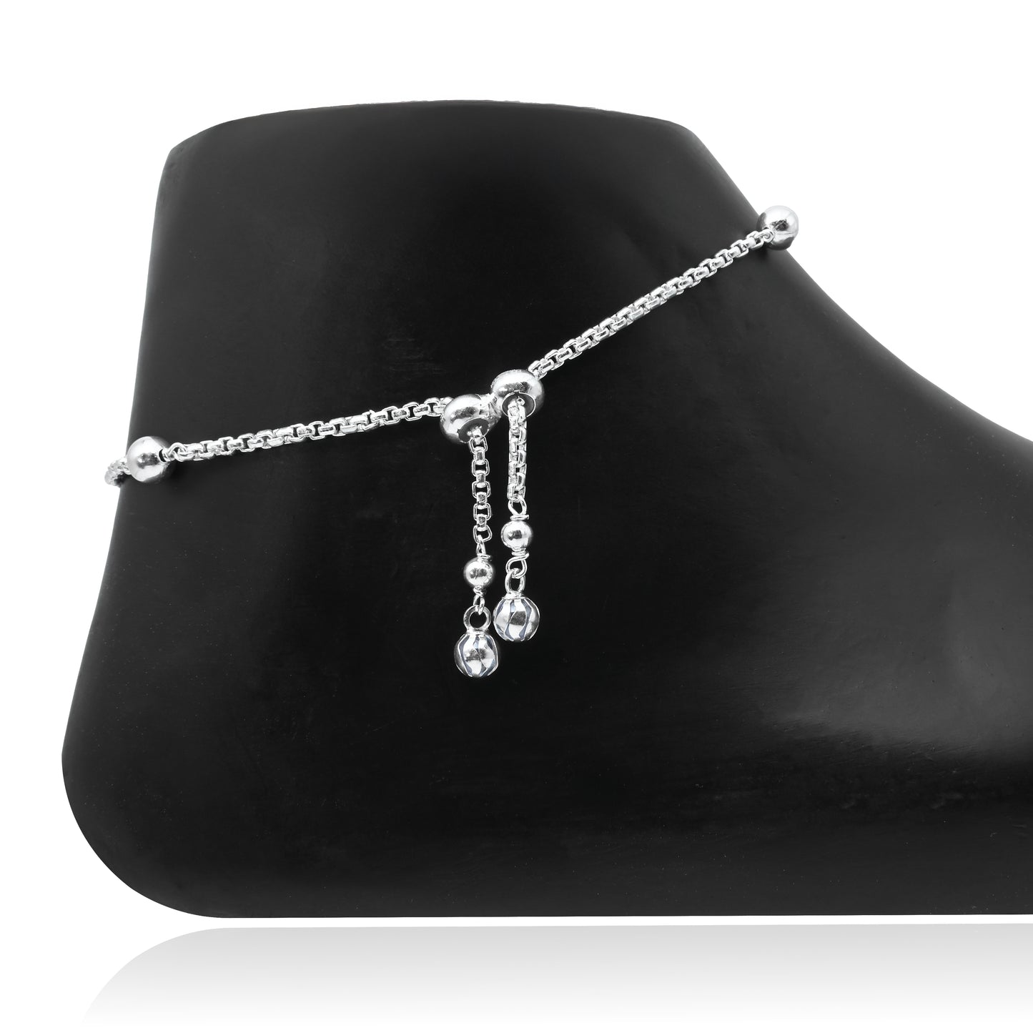 Lightweight Silver Anklet with White Stones, Purple Stone Border & Flower Engraving.