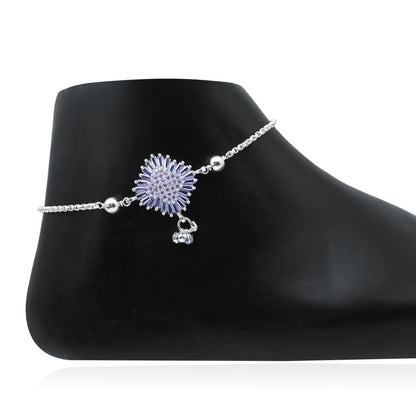 Lightweight Silver Anklet with White Stones, Purple Stone Border & Flower Engraving.