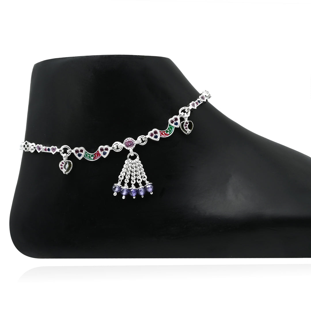 Beautiful Silver Anklet with Lightweight Multicolor Stones for Grace