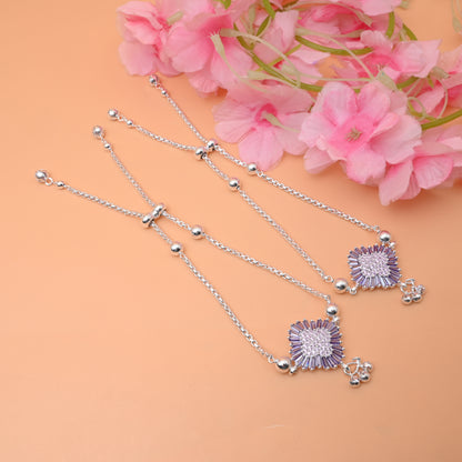 Lightweight Silver Anklet with White Stones, Purple Stone Border & Flower Engraving.