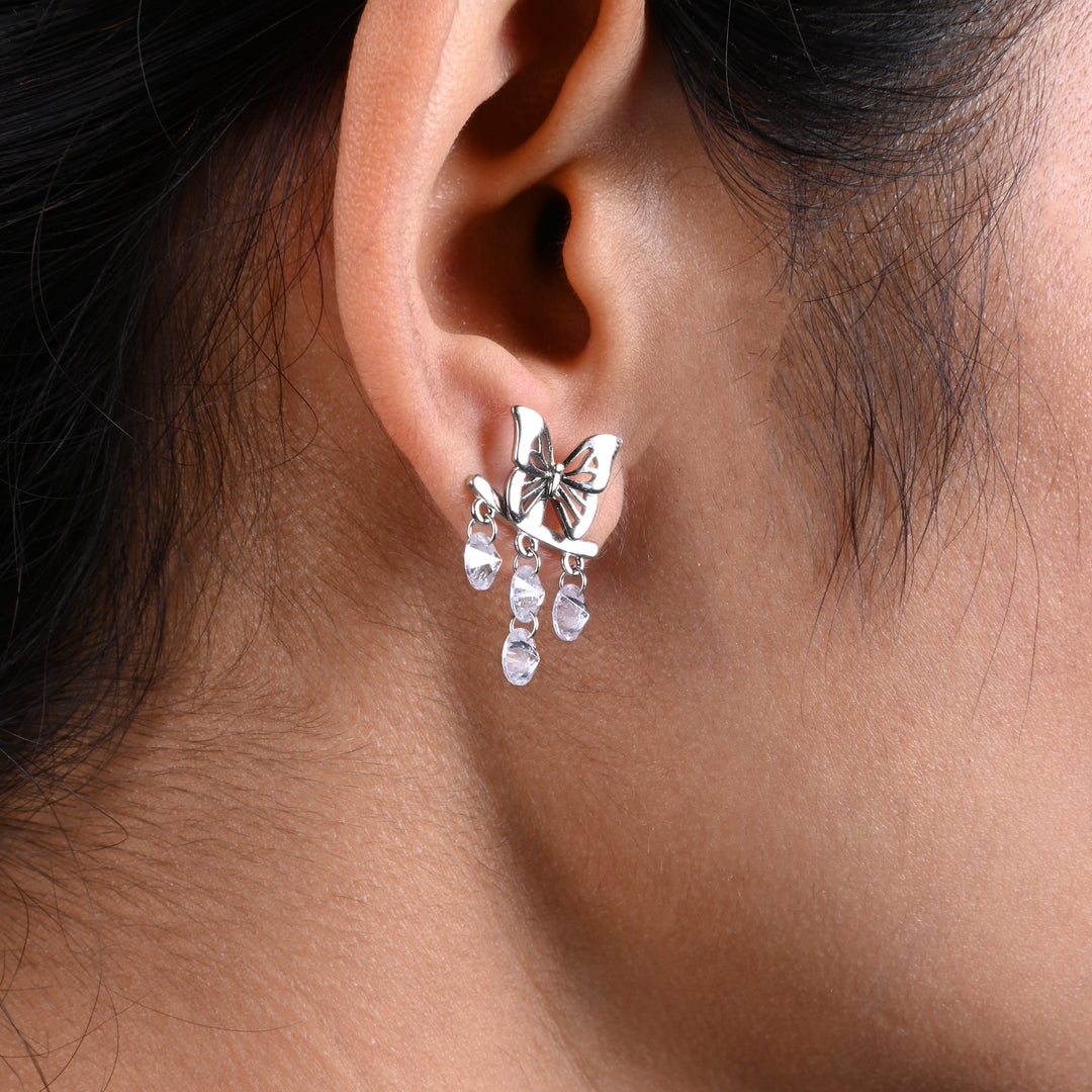 Silver Earrings with Butterfly and Sparkling Crystal Latkan.