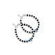 Silver bracelet featuring a light blue evil eye charm with black and silver beads.