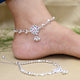 Girls' silver anklet featuring purple-green gems, beads, and ghungroo.