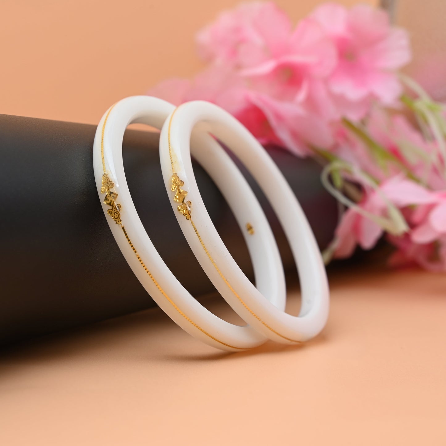 Gold Small Swastika Design Dark White Bangle