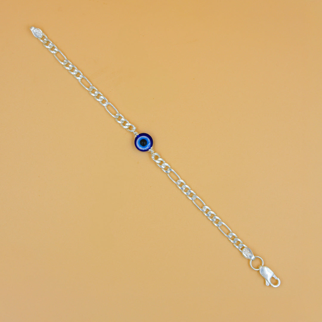 Beautifully designed evil eye charm on a silver chain link bracelet