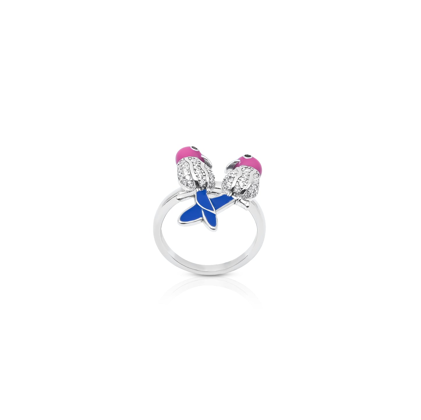 Romantic Silver Ring with Two Birds With Blue Tail, Symbolizing Love & Togetherness.