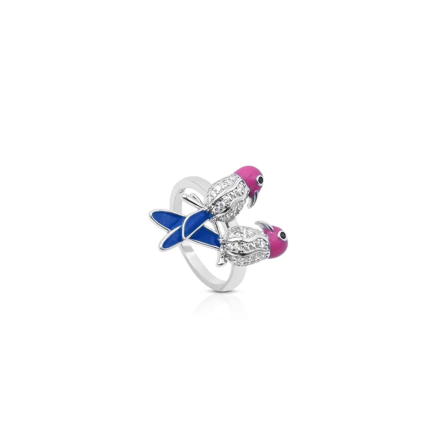 Romantic Silver Ring with Two Birds With Blue Tail, Symbolizing Love & Togetherness.