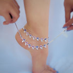 Load image into Gallery viewer, Beautiful silver anklet with blue and pink stones, leaf design.
