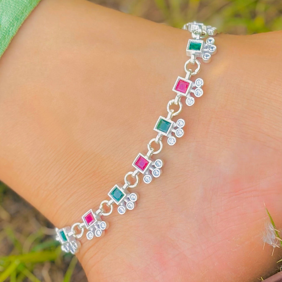 Silver anklet with vibrant green and pink square stones