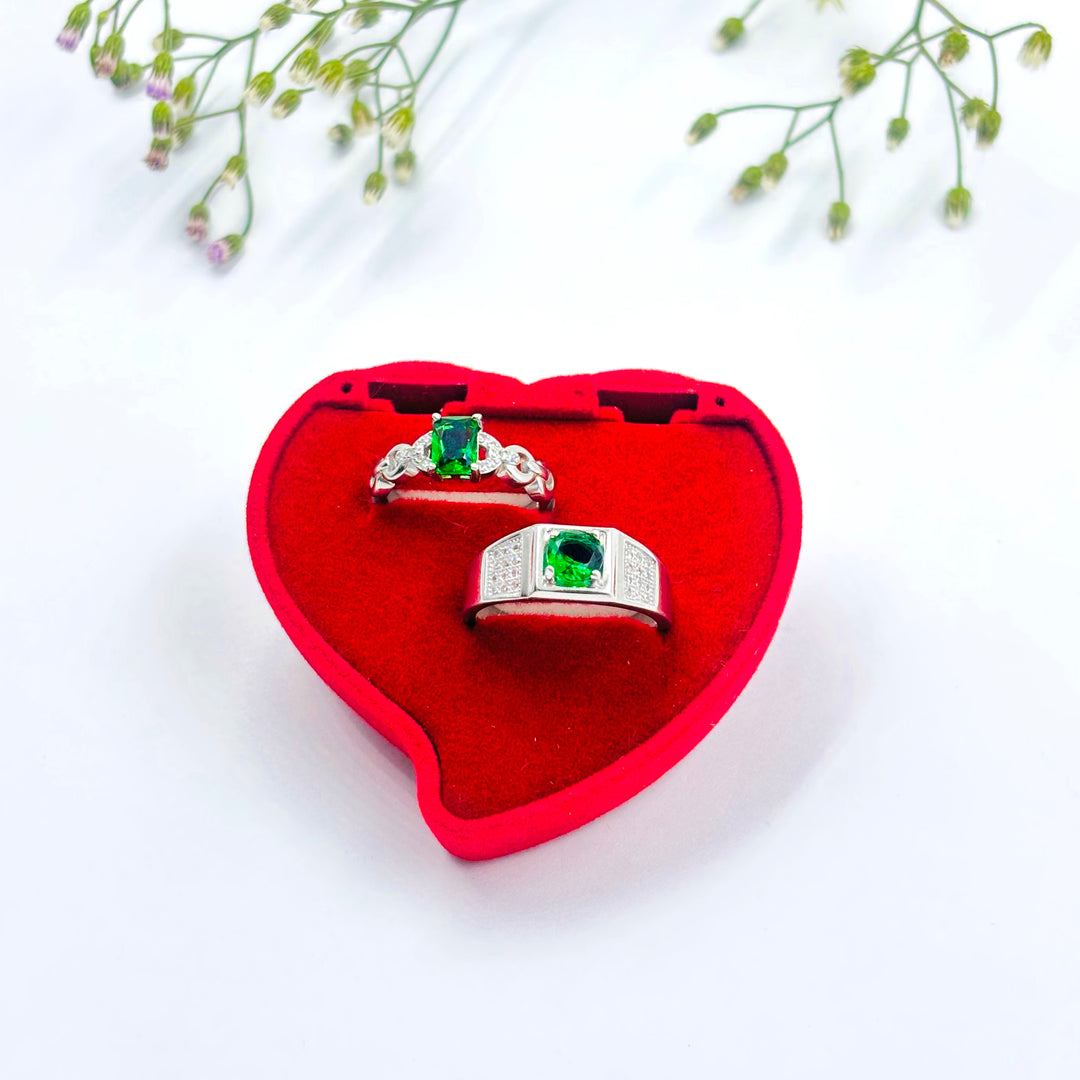 Stylish Silver Couple Rings with Elegant Green Stone in the Middle.