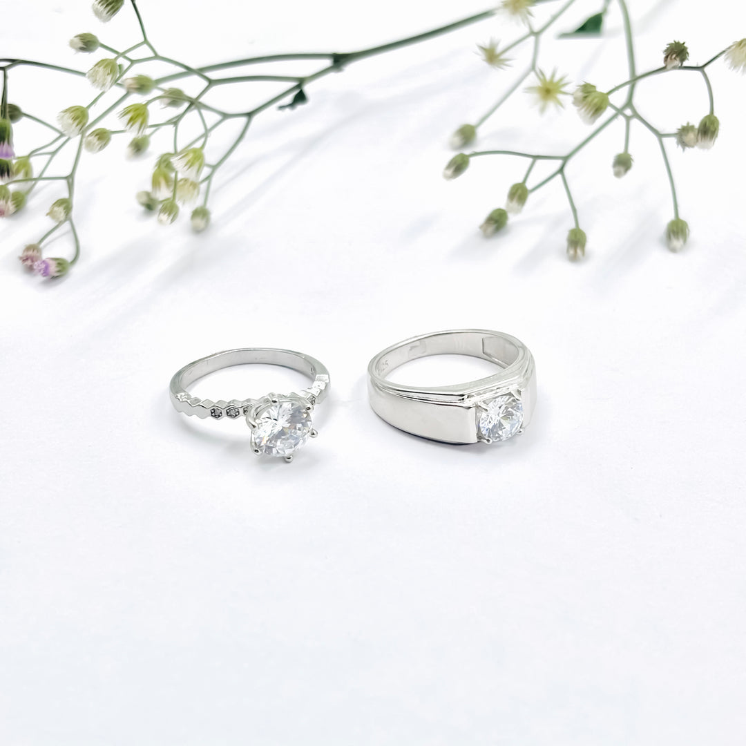Stunning Silver Couple Rings with a Gorgeous Large White Gemstone.