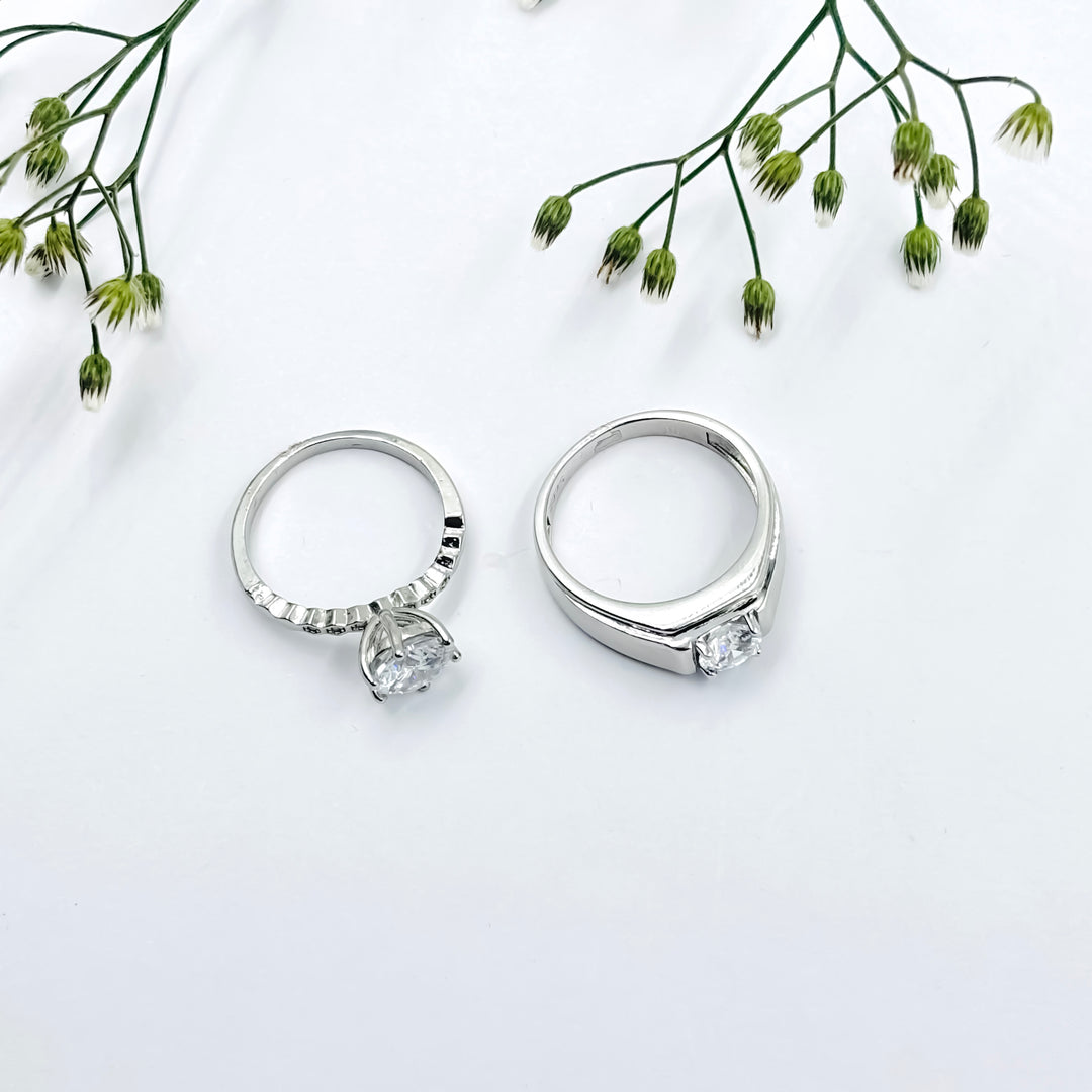 Stunning Silver Couple Rings with a Gorgeous Large White Gemstone.