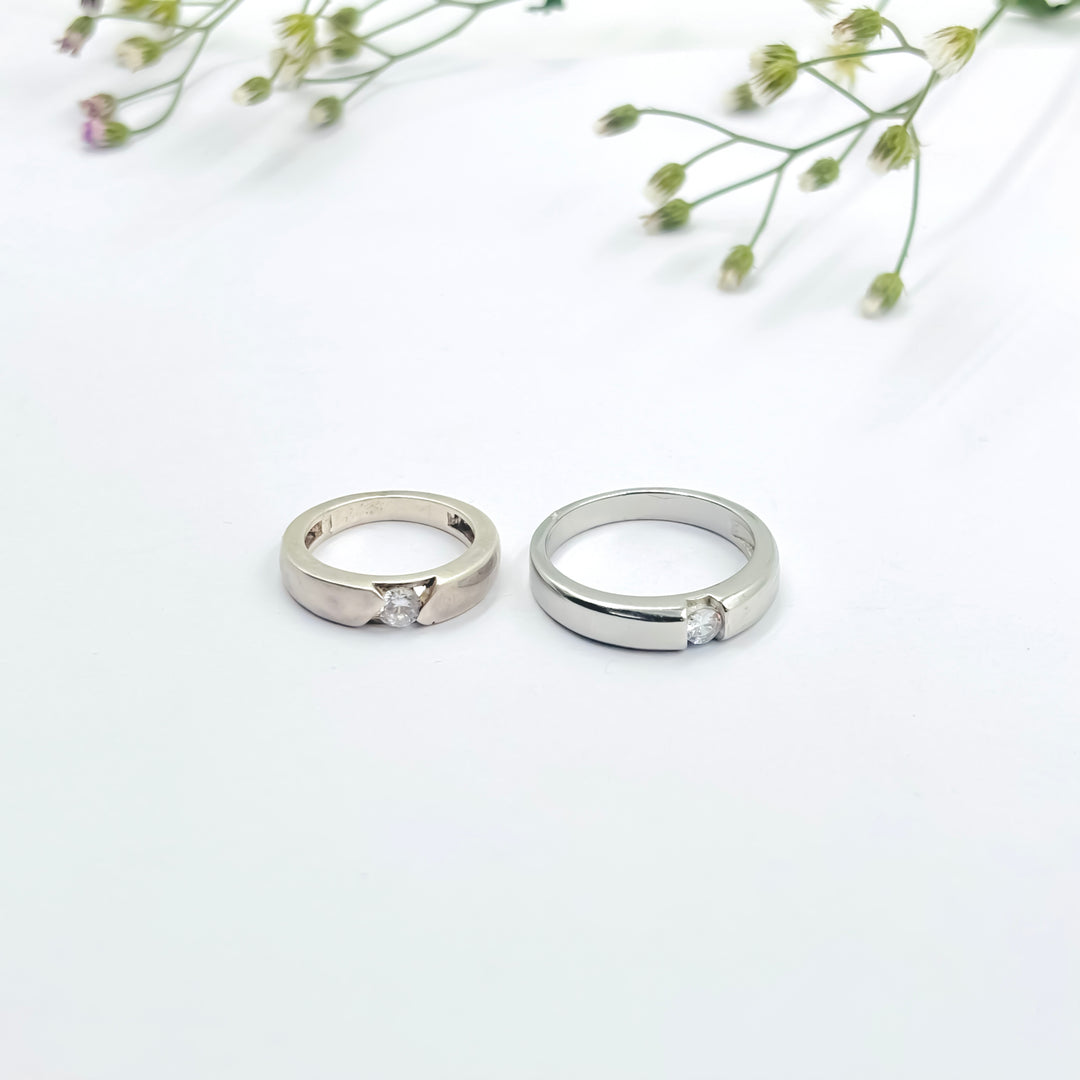 Beautiful Silver Couple Rings with Tiny White Stone in the Center.