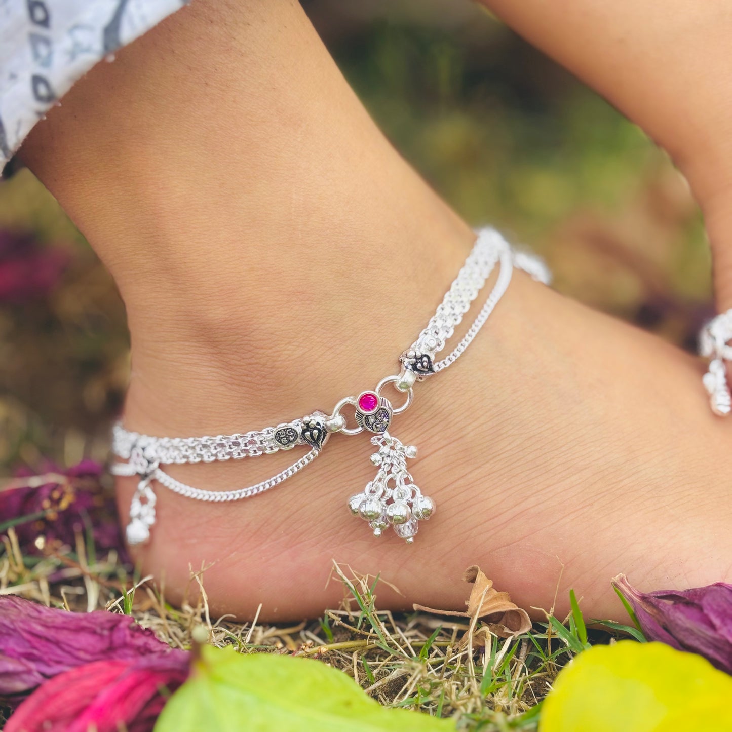 Beautiful Silver Anklet with Peacock Engraving and Bud Detailing.