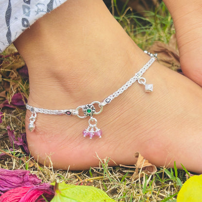 Minimal Silver Anklet with Engraved Pattern and Silver Buds.