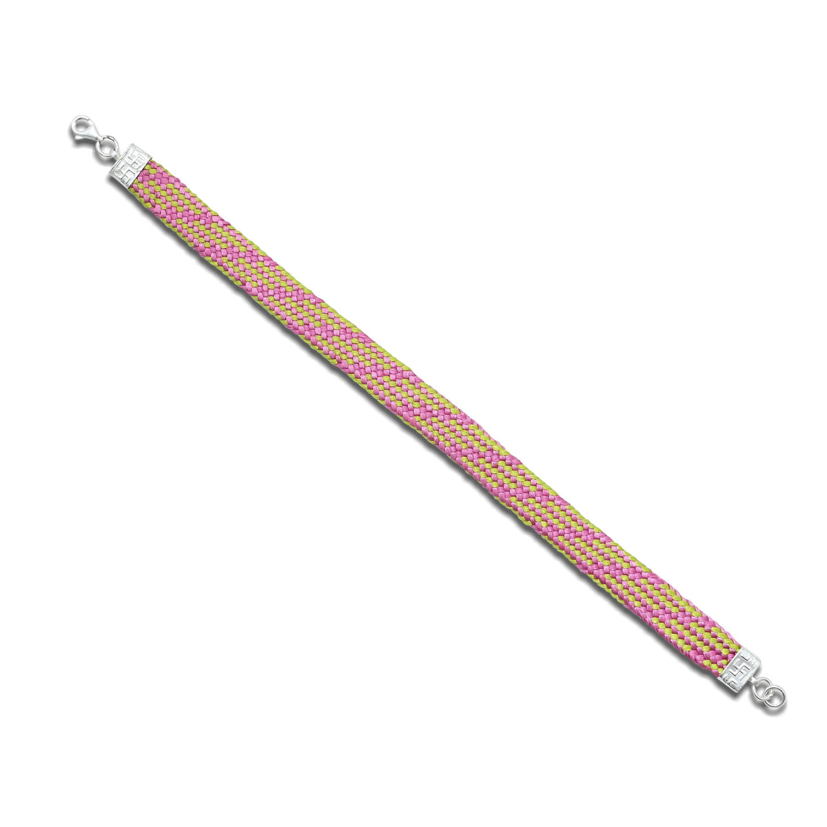 Elegant silver bracelet with a stylish pink and green knitted thread pattern for a relaxed vibe